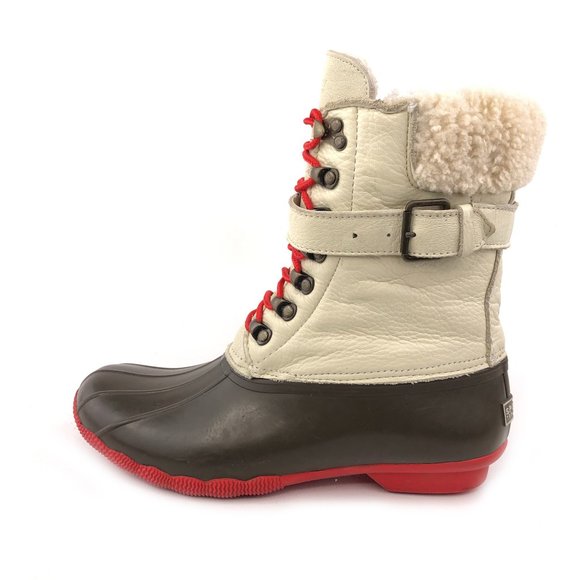 Sperry Shearwater White Leather Sheepskin Winter Duck Boots 9M - Picture 1 of 14